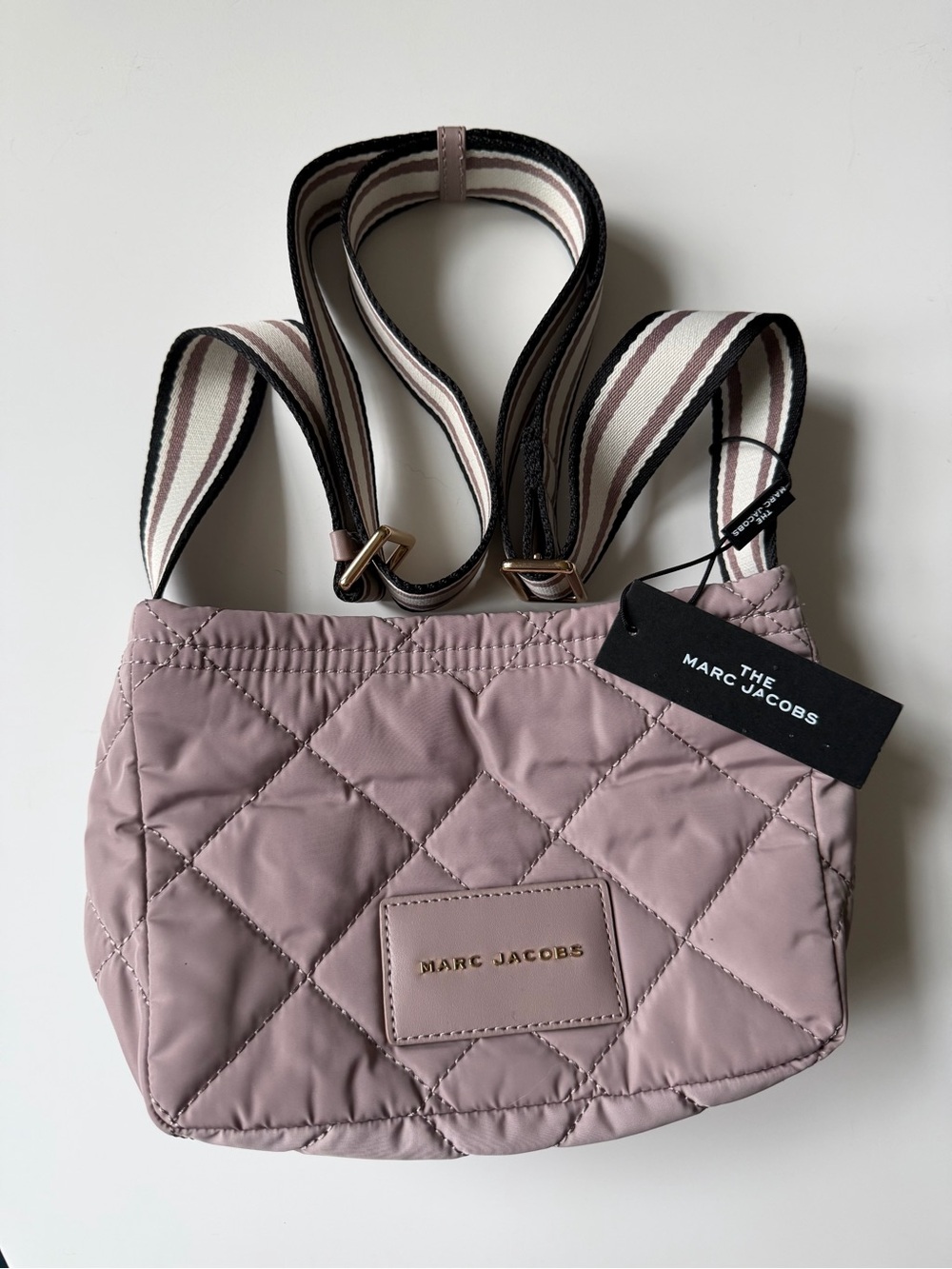 Marc Jacobs Quilted Dusty Rose/Mauve Crossbody with adjustable Striped Strap